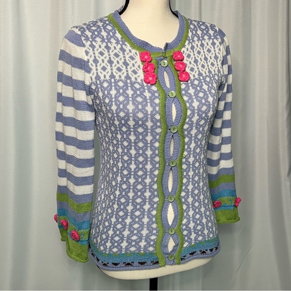 MISSLOOK Periwinkle, White, Blue, Lime Green and Pink Flower Rosette Sweater - Picture 2 of 9